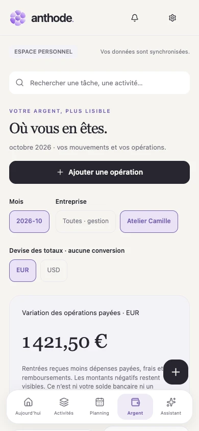 L’écran Argent d’Anthode : choix du mois, de l’entreprise et de la devise, puis la variation des opérations payées du mois en euros.